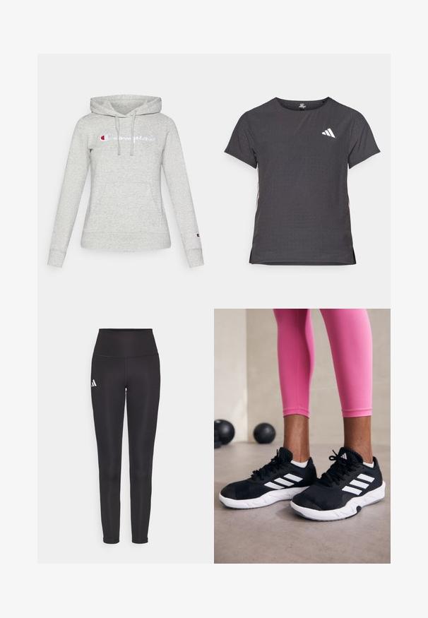 Šviesiai pilkas džemperis, pagamintas iš švelnios medžiagos; turi priekinę kišenę, reguliuojamą raištį ant gaubto ir siuvinėtą "Champion" logotipą mėlynos ir raudonos spalvos.; Trumpas rankovėmis sportinis marškinėlis, tamsiai pilkas, su perforuota tekstūra. Yra baltas logotipas ir kontrastingos šoninės juostos. Iškirptė suapvalinta.; Juodos aukštu liemeniu tamprės, pagamintos iš elastingos medžiagos. Kairėje pusėje yra baltas logotipas, o dizainas yra sklandus ir be siūlių. Glotnus paviršius.; Juodi sportiniai bateliai su baltais dryžiais, tekstūruota tinklinė viršutinė dalis ir balti padai. Dėvimi su rožiniais leggingais, demonstruojant treniruočių aprangą.