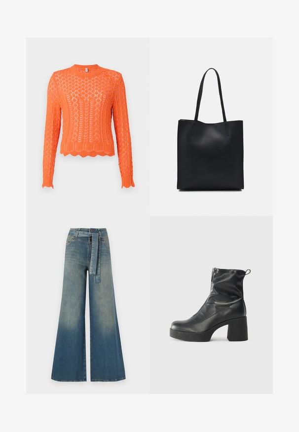 Helle orange gestrickte Pullover mit einem strukturierten Rautenmuster, Rundhalsausschnitt mit Rippen und gewelltem Saum. Lange Ärmel mit gerippten Bündchen.; Weit geschnittene Denim-Hosen mit einem Farbverlauf von hellblau zu dunkelblau, hoher Taille, Gürtelschlaufen und einem passenden Stoffgürtel. Strukturierte Denim-Oberfläche.; Schwarze Stiefeletten aus glattem Leder mit seitlichem Reißverschluss, klobigem strukturiertem Absatz und runder Zehenform.; Schwarze Laptoptasche aus Leder mit glatter Textur, rechteckiger Form und zwei langen Griffen. Keine sichtbaren Beschläge oder Verzierungen.
