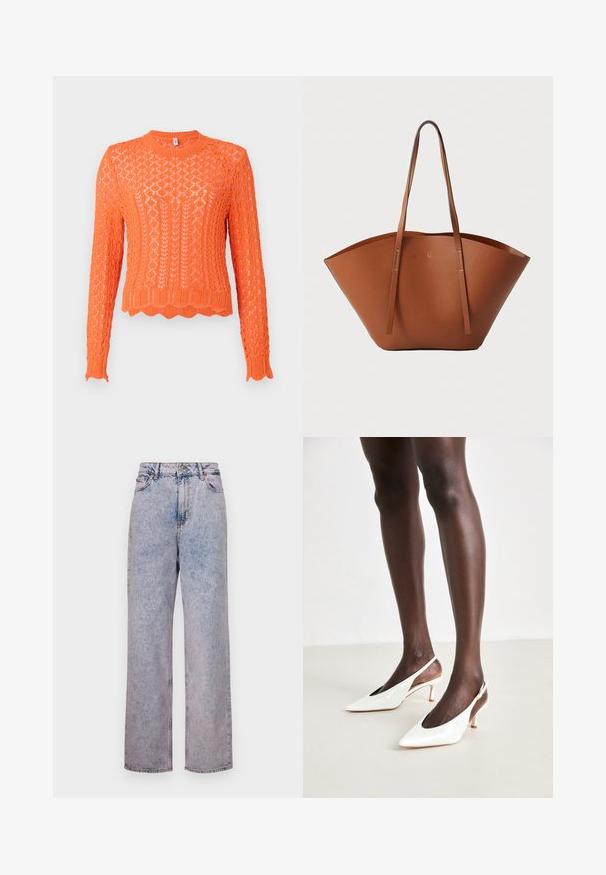 Pulover tricotat de culoare portocalie strălucitoare, cu un model texturat în romburi, gât rotund cu nervuri și tiv ondulat. Mâneci lungi cu mansete cu nervuri.; Jeanși din denim bleu deschis, cu o croială relaxată, dreptă, având talie înaltă, design cu cinci buzunare și accesorii cu butoane din bronz.; Sandale cu toc slingback din piele patent albă, cu vârf ascuțit, toc subțire și laturi deschise; textură netedă și design minimalist.; Geantă tote din piele maro, cu o formă largă și bine structurată, mânere subțiri și un finisaj texturat. Prezintă un design minimalist, fără hardware vizibil.