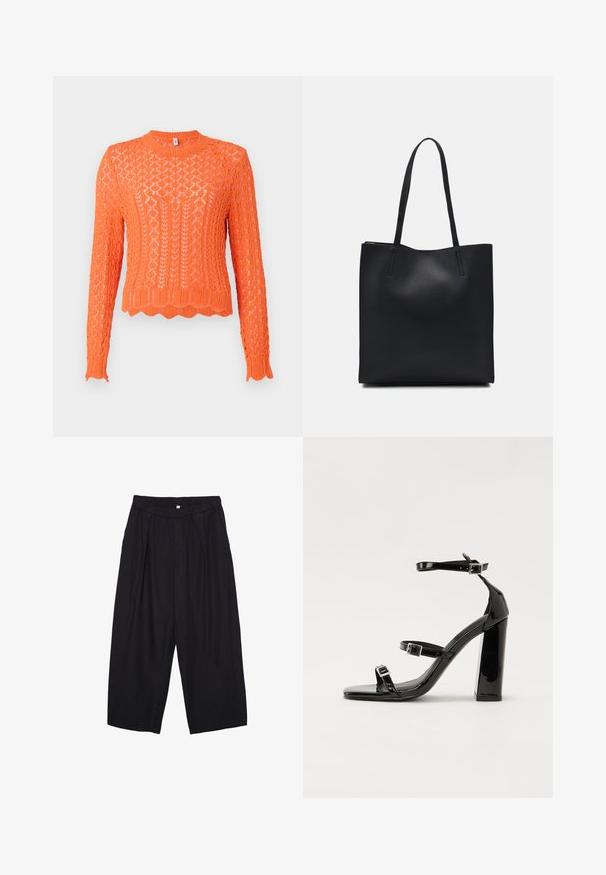 Svetlo oranžna pletena majica z teksturiranim diamantom, rebrastim okovratnikom in valovitim robom. Dolgi rokavi z rebrastimi manšetami.; Črne poliesterske culotte hlače z elastičnim pasom, dvema sprednjima nabiranjema in ohlapnim krojem. Brez vidnih vzorcev ali kovinskih detajlov.; Črne lakirane sandale s peto, kvadratnim prstom, trakovi okrog gležnja in srebrnimi zaponkami. Opremljene so s stabilno Debelo peto.; Črna usnjena torba s svilnato teksturo, pravokotne oblike in dvema dolgima ročajema. Brez vidnih metalnih delov ali okrasnih elementov.