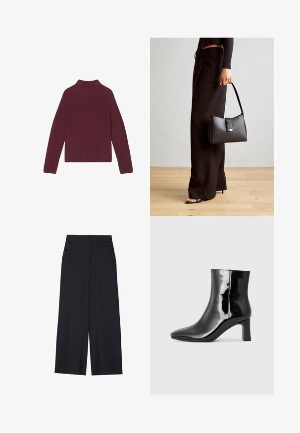 Marc O'Polo REGULAR - Pulover - deep ruby; Pantaloni evazați din material bleumarin închis, cu o textură netedă, pliseuri frontale și ochiuri decorative aurii pe buzunarele laterale.; Botine negre din piele lacuită, cu vârful ascuțit și toc bloc de înălțime medie. Textură netedă și design minimalist.; Genți negre cu o formă structurată, textură netedă și un închizător metalic. Asortată cu pantaloni negri largi și sandale cu vârf deschis pe un podea din lemn.