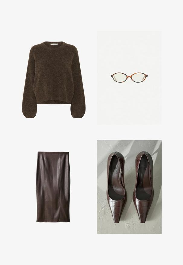 Hnědý pletený svetr s uvolněným střihem, kulatým výstřihem, dlouhými balónovými rukávy a měkkou, texturovanou tkaninou. Zkrácená délka.; Hnědá kožená sukně na tužku se hladkou strukturou, délka po kolena, s vertikálními švy pro design. Žádné další kovové prvky nebo akcenty.; Hnědé lakované lodičky s špičatou špičkou, se strukturou krokodýlí kůže a hladkým interiérem. Navrženo pro elegantní vzhled.; Želvovinové brýle s oválnými čočkami a hladkým, jemným povrchem. Má tenké bočnice s jemným zakřivením v chrámcích. Čiré čočky.
