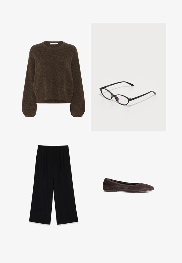 Brązowy sweter dzianinowy o luźnym kroju, okrągłym dekolcie, długich, bufiastych rękawach i miękkim, teksturowanym materiale. Krótka długość.; Czarne, szerokie spodnie wykonane z gładkiego materiału, z plisami z przodu, średnim stanem w talii oraz bez widocznych zapięć czy ozdób.; Brązowe zamszowe baleriny z wąskim czubkiem i niskim profilem. Charakteryzują się gładką fakturą i minimalistycznym wzornictwem. Brak widocznych elementów metalowych lub dekoracji.; Czarne plastikowe okulary w owalnym kształcie, z przezroczystymi soczewkami i jednym fioletowym akcentem na lewym szkle. Elegancki, minimalistyczny design.; Torba tote w ciemnoszarym zamszu z dwoma zaokrąglonymi uchwytami, o uporządkowanym kształcie i minimalistycznym designie; brak widocznych elementów metalowych ani akcentów.