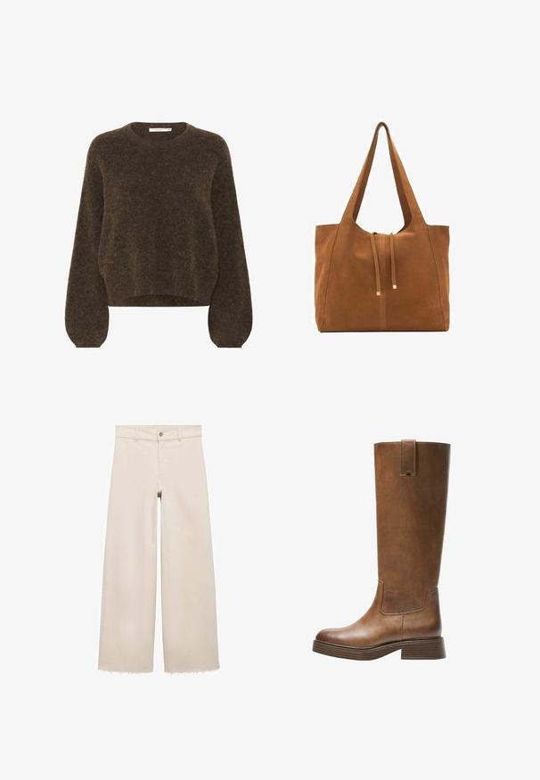 Smešani smešani pulover smešane boje s opuštenim krojem, okruglim izrezom, dugim napuhanim rukavima i mekanim, teksturiranim materijalom. Skraćena dužina.; Bež traperice širokih nogavica s visokim strukom, s kopčanjem na gumb, prednjim džepovima i strganim rubovima. Izrađene od trapera.; Smeđe kožne čizme do koljena s zaobljenim nosom, teksturiranom površinom i niskim debljim potplatom. Imaju bočni panel i povlačnu traku na vrhu.; Smeđa antilop torba za ruke s dva duga remena, zatvaranje na vezicu i minimalistički dizajn. Glatka tekstura i bez vidljivih metalnih elemenata.