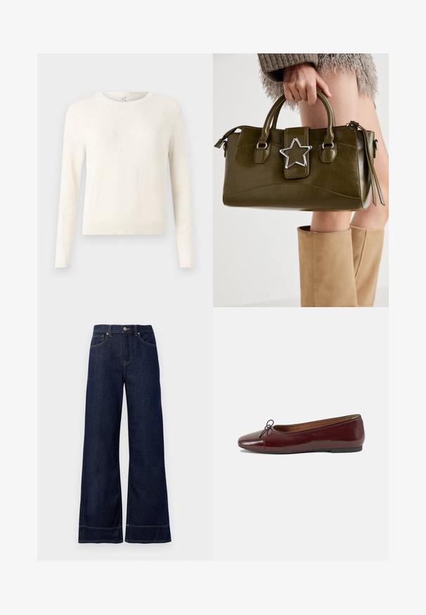 Cremfarbener Strickpullover mit langen Ärmeln, rundem Halsausschnitt und einem strukturierten Muster aus kleinen, lichtreflektierenden Akzenten auf den Schultern.; Dunkelblaue weit geschnittene Jeans aus Denim. Mit Knopfverschluss, Nähdetails und Seitentaschen. Ausgestellter Saum.; Burgunderfarbenes, lackiertes Ballettschuh mit abgerundetem Zehenbereich, kleiner Schleifenakzent vorne und einer niedrigen, schwarzen Gummisohle. Glatte Textur.; Olivgrünes Kunstlederhandtasche mit silbernem Sternakzent, doppelten Griffen und einem Reißverschluss. Strukturierten Form und texturierten Oberfläche.