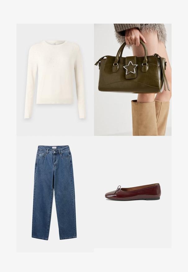 Pull en tricot crème avec des manches longues, un col rond et un motif texturé de petites accents réfléchissants sur les épaules.; Jean en denim bleu classique avec une coupe droite, cinq poches et une fermeture par bouton. Présente un lavage moyen et une texture robuste.; Ballerines en cuir verni bordeaux avec un bout rond, un petit nœud décoratif à l'avant et une semelle en caoutchouc noire basse. Texture lisse.; Sac à main en simili cuir vert olive avec accent étoilé argenté, deux poignées et fermeture éclair. Surface texturée et forme structurée.