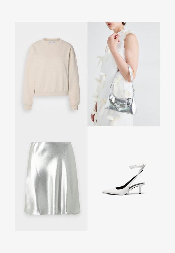 Light beige sweatshirt made of soft fabric, featuring a crew neckline, dropped shoulder seams, and ribbed cuffs and hem.; Silver metallic mini skirt with a smooth texture and a slight sheen. Features a flared design and a simple, clean cut hemline.; White pointed-toe slingback heels with a thin ankle strap. Smooth leather material, thin stiletto heel, and a black interior lining.; Silver metallic handbag with a structured shape, featuring a top handle and bow detail on the front. Smooth texture, reflective finish.