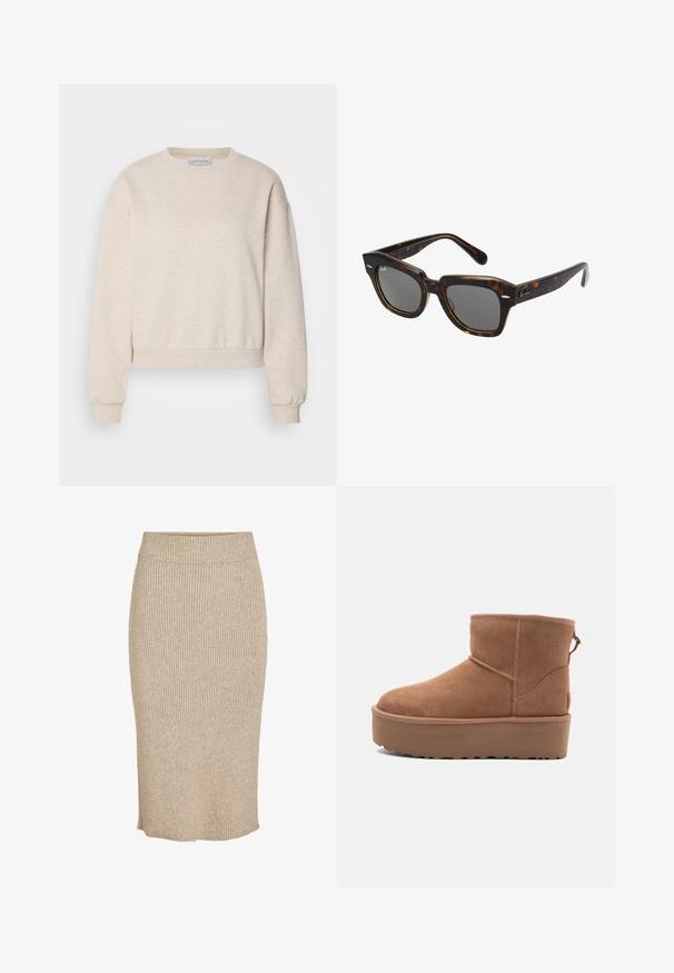 Svijetlosmeđi dukserica izrađena od mekanog materijala, s okruglim izrezom, spuštenim rukavima i rebrastim rubovima na rukavima i donjem dijelu.; Pleteni suknja u svijetlosmešavoj boji s vertikalnom rebrastom teksturom, dužine do koljena s elastičnom sredinom i ravnim krojem.; Svijetlosmeđi antilop čizmice do članka s platformom, okruglim vrhom i ukrasnim šavovima; ima petnu traku za lakše obuvanje.; Rectangularne sunčane naočale s okvirima od kornjačevine, tamnim sočivima i srebrnim detaljima s bočnih strana. Proizvedeno u Italiji.; Smeđa kožna torba za rame s teksturiranim završetkom, zakrivljenim oblikom, zlatnim hardverom, podesivim remenom i zatvaranjem na preklop.