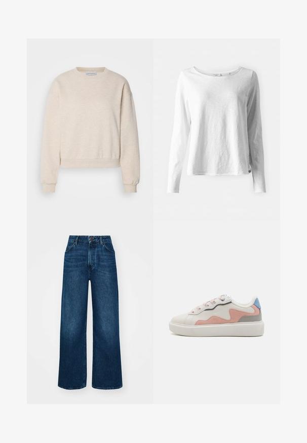 Sweatshirt beige clair en tissu doux, doté d'un col rond, de coutures d'épaule tombantes et de poignets et ourlet côtelés.; T-shirt blanc à manches longues en tissu doux et léger; doté d'un col rond et d'un ajustement légèrement décontracté; étiquette visible sur le côté.; Jeans taille haute et à jambes larges en denim bleu foncé avec une texture lisse, des coutures contrastantes et un design à cinq poches. Fermeture à bouton à l'avant.; Baskets basses avec un dessus synthétique blanc, des accents en suede rose et gris, une semelle en caoutchouc blanc texturé et des lacets colorés.