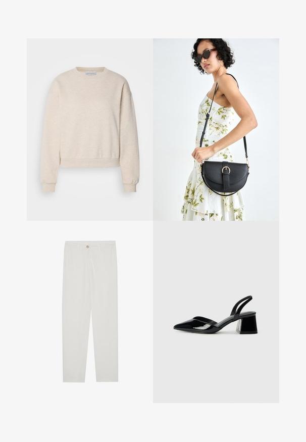 Ljust beige sweatshirt gjort av mjukt tyg, med rundad halsringning, sänkta ax seams och ribbade mudd och fåll.; Vita, skräddarsydda byxor med rak benform, med knappstängning, bältesslingor och sidofickor; mjuk tygtextur.; Svarta lackläder slingback klackar med spetsig tå och geometrisk klack. Har en elegant, minimalistisk design och slät yta.; Svart läderhandväska med en böjd form, avtagbar rem och guldiga detaljer. Väskan har ett lock med en spänndetalj.