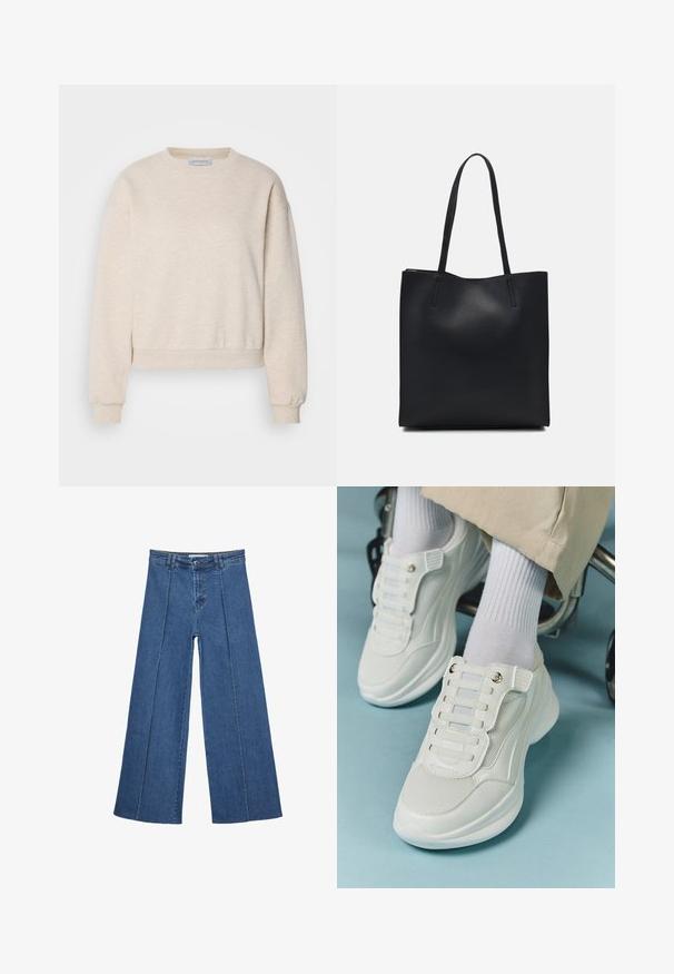 Jasno beżowy sweatshirt wykonany z miękkiego materiału, z okrągłym dekoltem, opuszczonymi szwami ramion oraz ściągaczami przy mankietach i u dołu.; Jeans typu wide-leg w średnim niebieskim kolorze, z wysokim stanem, zapięciem na guziki oraz kontrastowymi szwami pionowymi z przodu.; Białe sneakersy z siateczkowego materiału, gumową podeszwą, bezsznurowym designem z elastycznymi paskami oraz złotymi akcentami.; Czarna skórzana torba tote o gładkiej fakturze, prostokątnym kształcie i dwóch długich uchwytach. Brak widocznych elementów metalowych i ozdób.