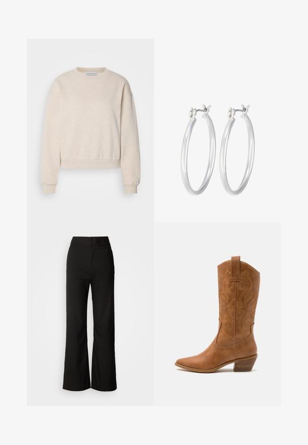 Gai bēšas krāsas sporta krekls, kas izgatavots no mīksta auduma, ar apaļu apkakli, pazeminātām plecu šuvēm un ribotas aproces un apakšmalu.; Melni platlegu bikses ar gludu tekstūru, augsto vidukli un tīru dizainu. Nav redzamu kabatu vai rotājumu.; Brūni ādas kovboju zābaks ar norādītu purngalu, izšūtām viļņveida apakšējo detaļu un sakrautajiem blokiem. Iezīmēts ar velkšanas cilpu ērtai uzvilkšanai.; Sudraba riņķveida auss gredzeni ar gludu, pulētu apdari. Apaļa forma un drošs klikšķa augšējais slēgums. Viegls dizains, kas piemērots ikdienas valkāšanai.