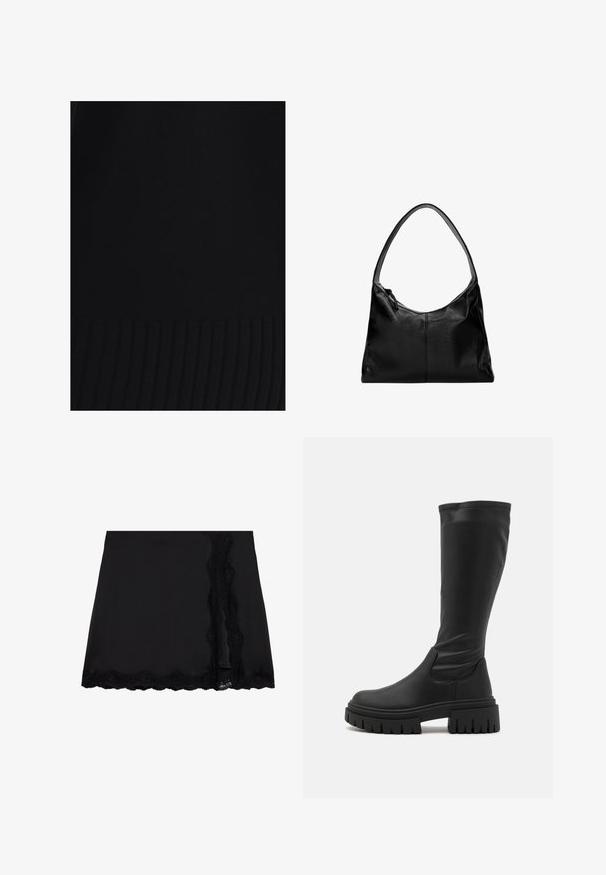 Czarna dzianina o gładkiej teksturze, z prążkowanym wykończeniem na dole. Całość ma dopasowany i minimalistyczny kształt.; Even&Odd - Spódnica mini; Even&Odd - Kozaki na platformie; Czarna skórzana torba na ramię o gładkiej fakturze, zaokrąglonym wierzchu i pojedynczym pasku. Posiada zamek błyskawiczny i minimalistyczny design.