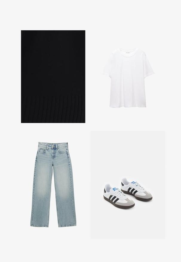 Černá pletenina s hladkým povrchem, s ribbovaným lemem na dně. Celkový tvar je obepínající a minimalistický.; Bílá jednobarevná bavlněná trička s kulatým výstřihem, krátkým rukávem a uvolněným střihem. Hladká textura bez vzorů nebo akcentů.; Svetle modré džíny s širokými nohavicemi a vysokým pasem, které mají pět kapes, zapínání na knoflík a jemné vyblednutí pro opotřebovaný vzhled.; Sportovní boty s bílým koženým svrškem, šedou semišovou špičkou a třemi černými pruhy. Obsahují modré logo na jazyku a texturovanou gumovou podrážku.