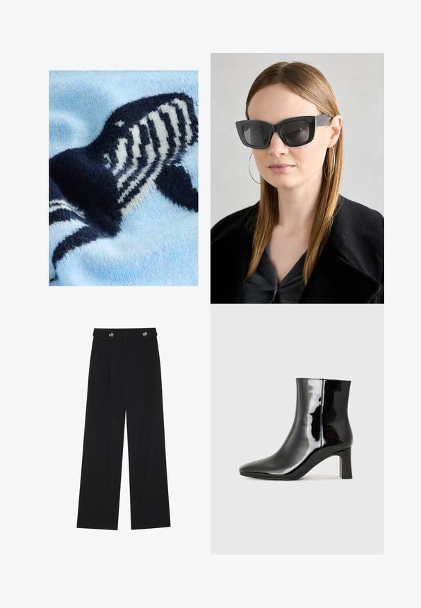 Hele sinine kootud kampsun, millel on tume sinise ja valge vaaliga mustriline kujundus. Pehme tekstuur ja väljendunud kootud muster.; Mustad laiad püksid kõrge vöökoha ja nööpdetailidega vööandil, esikortsudega.; Must-sinine nahkjalats musta läikiva viimistlusega, millel on terav nina ja keskmise kõrgusega plokk konts. Sile tekstuur ja minimalistik disain.; Must musta prillid tumedate läätsedega, paksude raamidega ja tagasihoidlike aktsentidega. Kantud musta jope ja halli särkiga, pikki sirgeid juukseid kandes.