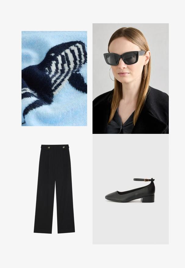 Lichtblauwe gebreide trui met een donkerblauw-wit walvisontwerp. Zachte textuur met een opvallend gebreid patroon.; Zwarte wijde broek met hoge taille, knoopdetails op de tailleband en plooien aan de voorkant.; Zwarte leren pump met een spitse neus en een lage blokhak. Beschikt over een enkelband met een goudkleurige gespsluiting. Gladde textuur.; Zwarte cat-eye zonnebril met donkere lenzen, dikke monturen en subtiele accenten. Draagt een zwarte jas en een grijze top, met lang stijl haar.