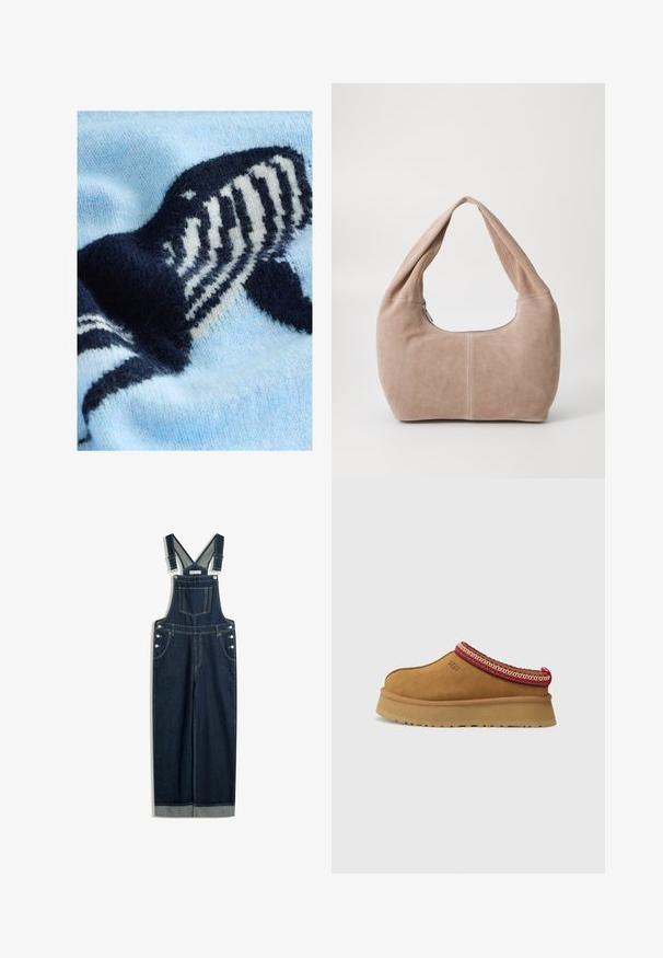 Světlomodrý pletený svetr s motivem velryby v tmavě modré a bílé barvě. Jemná textura s výrazným pleteným vzorem.; Džínové lacláče v tmavě modré barvě, s nastavitelnými popruhy, přední kapsou, bočními knoflíky a širokými nohavicemi s ohrnutím.; Hnědé semišové slip-on boty s červeným a krémovým vzorovaným lemem, texturovanou podrážkou a logem UGG po straně. Obsahují mírnou výšku platformy.; Hobo taška vyrobená z měkkého semišového materiálu v světle béžové barvě. Má zaoblený tvar, široký popruh a zipové uzavření.