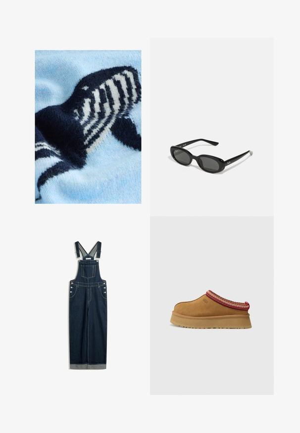 Hellblauer Strickpullover mit einem dunkelblauen und weißen Walmotiv. Weiche Textur mit einem auffälligen Strickmuster.; Dunkelblaue Denim-Latzhose mit verstellbaren Trägern, einer Vordertasche, seitlichen Knöpfen und einem weiten Beinprofil mit umgeschlagenem Saum.; Braune Wildleder-Slipper mit rot-creamfarbenem gemusterten Besatz, strukturiertem Absatz und UGG-Logo an der Seite. Verfügt über eine leichte Plattformhöhe.; Schwarze Sonnenbrille mit ovalen Gläsern, glänzendem Kunststoffrahmen und schlanken Bügeln. Mit Ray-Ban-Logo in Weiß an der Seite.; Roter Schal mit weißen Punkten und einem gemusterten Rand. Aus leichtem Stoff gefertigt, mit einer gebundenen Gestaltung und spitzen Enden.