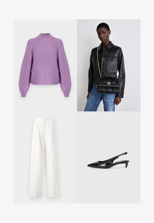 Pulover tricotat cu model rib pentru femei, de culoare lavandă, cu guler înalt, mâneci largi și o croială lejeră. Materialul texturat adaugă interes vizual și confort termic.; Pantaloni albi cu picioare largi, cu talie înaltă, cu plissuri frontale și o textură netedă, confecționați dintr-un material ușor.; Sandale slingback din piele neagră cu vârf ascuțit, având un toc subțire și un accent de culoare aurie pe curea ajustabilă. Textură netedă.; Jachetă din piele neagră cu închidere cu nasturi și două buzunare frontale, asortată cu o geantă de mână neagră matlasată, care dispune de un închizător aurie și un brâu din lanț.