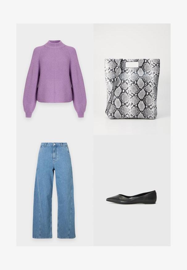 Lavendel ribbad stickad tröja med hög halsringning, vida ärmar och en avslappnad passform. Textilens struktur ökar det visuella intresset och värmen.; Ljusblå vida jeans i denim, med hög midja, rak skärning och kontrasterande sömmar längs sömmarna.; Svart läderballettskor med spetsig tå, låg klack och slät yta. Minimalistisk design med en subtil sidopunkt.; Tote-väska med svart och vit ormskinnsmönster, rektangulärt urklipp framtill, slät yta och strukturerad form. Justerbar rem ingår.