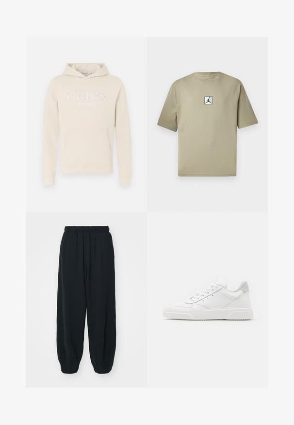 Felpa beige con tasca frontale, caratterizzata dal logo ricamato "GUESS EST.1981" in bianco. Tessuto morbido e cappuccio regolabile. Maniche lunghe.; T-shirt in cotone khaki con maniche corte, caratterizzato da un piccolo logo Jordan nero su uno sfondo bianco sulla parte anteriore. Design semplice e vestibilità rilassata.; Pantaloni da jogging neri con vita elasticizzata, dalla vestibilità morbida, caviglie a costina, texture liscia e senza motivi visibili o dettagli in metallo.; Sneaker bianche in pelle con finitura liscia, punta arrotondata, lacci piatti e suola texturizzata. Accento in suede grigio sul tallone.