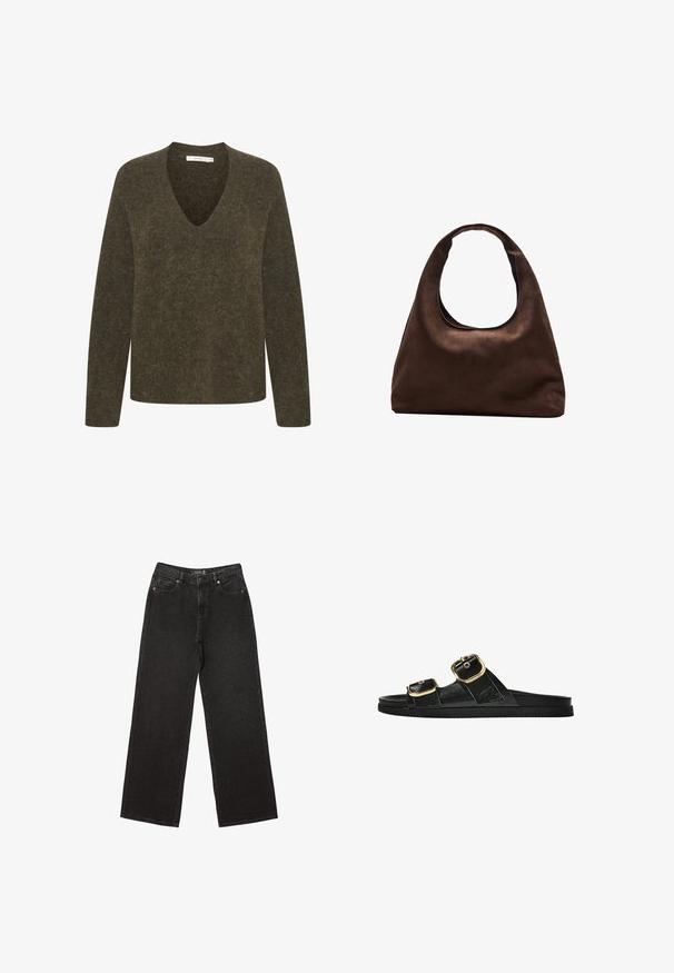 Olivově zelený svetr s dlouhým rukávem a výstřihem do V. Měkká, texturovaná tkanina s mírně uvolněným střihem a minimálními švy.; Černé široké džíny vyrobené z denimu, s malými tečkovanými vzory, klasickým pětikapsovým designem a zapínáním na knoflík a zip.; Černé kluzné sandály s dvěma zlatými sponami, hladkým texturovaným materiálem, plochou podrážkou a minimalistickým designem.; Měkká hnědá kabelka ve stylu hobo s jedním širokým popruhem a zakřiveným horním otvorem, vystavená na bílém pozadí.