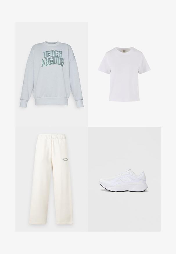 Lichtgrijze sweatshirt van een katoenmix, met een geribbelde ronde hals, verlaagde schouders en opvallende groene "UNDER ARMOUR" tekst op de voorkant.; Witte katoenen t-shirt met korte mouwen, een ronde halslijn en een rechte snit. Gladde textuur, eenvoudig ontwerp, geen zichtbare patronen of accenten.; Crème kleurige wijde broek gemaakt van zacht materiaal met een elastische tailleband. Heeft subtiele groene geborduurde tekst aan de voorkant.; Witte sportschoen met een bovenwerk van mesh, een gewatteerde kraag en een gestructureerde zool. Voorzien van een zilveren logo op de zijkant en een slank, modern ontwerp.