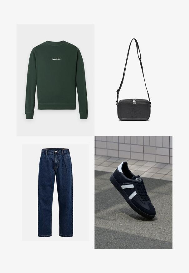 Grüner Sweatshirt mit langen Ärmeln, gerippten Bündchen und Saum, Rundhalsausschnitt, mit weißem gesticktem Text auf der Brust. Weiches Baumwollmischmaterial.; Dunkelblaue Denim-Jeans mit geradem Bein. Mit sichtbaren Nähten, einem Knopfverschluß und Frontfalten für zusätzliche Details.; Schwarze Leder-Sneaker mit weißen Streifen, strukturiertem Gummisohle und Schnürung. Verfügt über ein Markenetikett auf der Zunge.; Schwarze Leder-Crossbody-Tasche mit einem Reißverschluss, geprägtem Logo auf der Vorderseite und verstellbarem Riemen. Glatte Textur mit rechteckiger Form.