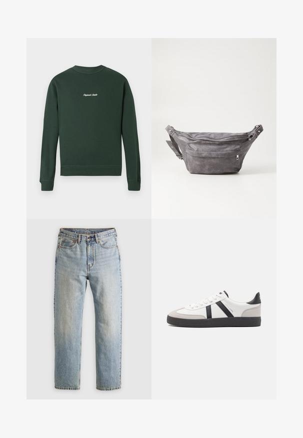 Grön sweatshirt med långa ärmar, ribbad mudd och nederkant, rundad hals, med vit broderad text på bröstet. Mjukt material av bomullsblandning.; Ljusblå denimjeans med hög midja, framknäppning, dragkedja och femficksdesign, placerade platt på en neutral bakgrund.; Vit sneaker med svarta och grå accenter, med en strukturerad grå tådel, svart gummisul, och platta vita skosnören. Ren design, minimalistisk stil.; Grå mockafjällsryggsäck med rundad form, två fickor med dragkedja och justerbart bälte. Har metallackenter som detaljer.
