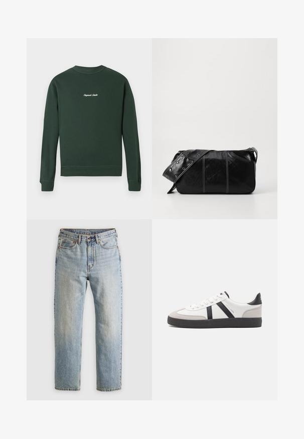 Vihreä huppari pitkillä hihoilla, resorilla varustetuilla hihansuilla ja helmalla, pyöreä pääntie, jossa on valkoista brodeerattua tekstiä rinnassa. Pehmeää puuvillasekoitetta.; Vaaleansininen farkut, joissa on korkea vyötärö, etunappi, vetoketju ja viisi taskua, asetettu tasaisesti neutraalille taustalle.; Valkoiset lenkkarit mustilla ja harmailla yksityiskohdilla, joissa on teksturoitu harmaa kärki, musta kumipohja ja litteät valkoiset nauhat. Siisti muotoilu, minimalistinen tyyli.; Mustakulmainen nahkainen olkalaukku, jossa on vetoketjukiinnitys, teksturoitu pinta, valkoiset ompeleet ja hihna, jossa on hopeiset niitit.