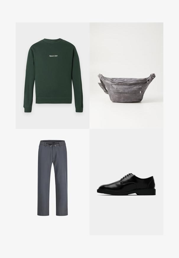 Vihreä huppari pitkillä hihoilla, resorilla varustetuilla hihansuilla ja helmalla, pyöreä pääntie, jossa on valkoista brodeerattua tekstiä rinnassa. Pehmeää puuvillasekoitetta.; Harmaat, joustavat vyötäröhupparit, joissa on kiristysnauha. Suoralinjainen malli, valmistettu sileästä kankaasta, jossa on minimaalinen ompelu ja ei näkyviä kiinnityksiä.; Mustat nahkakengät, joissa on sileä pinta, pyöreä kärki, nauhakiinnitys ja huomaamaton kumipohja pidon takaamiseksi.; Harso harmaa samettinen vyölaukku pyöreällä muotoilulla, kahdella vetoketjullisella osastolla ja säädettävällä hihnalla. Varustettu metallisilla varusteilla.