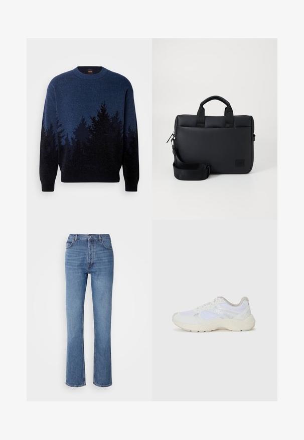 BOSS KEVEREST - Strickpullover - open blue; Blaue Denim-Jeans mit hoher Taille, geradem Bein und dezenter Ausbleichung. Verfügt über einen klassischen Fünf-Taschen-Stil und einen Reißverschluss.; Weiße Sportschuhe aus Mesh und Wildleder, mit einer strukturierten Zwischensohle, strukturierten Akzenten und dem "HUGO"-Logo an der Seite.; Schwarze, strukturierte Laptoptasche mit zwei oberen Griffen, abnehmbarem Schultergurt, Reißverschluss und einem kleinen Logo-Patch zur Markenkennzeichnung.