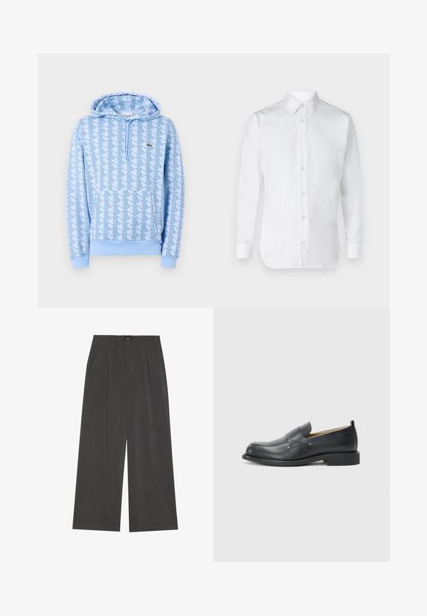Blauer Kapuzenpullover mit geometrischem Design, Vordertasche und Kordelzugkapuze. Hergestellt aus weichem Stoff mit gerippten Bündchen und Saum.; Weißes Hemd mit langen Ärmeln, aus glattem Baumwollstoff, mit einem klassischen Kragen und subtiler Glanz. Fünf Knöpfe vorne.; Weite Hosen aus dunkelgrauem Stoff mit einem gefalteten Vorderteil, zwei Seitentaschen und einem flachen Bund. Angenehme Textur und maßgeschneidertes Design.; Schwarzlederne Slipper mit einem glatten Finish, einer flachen Sohle und einer abgerundeten Zehenpartie, die einen dekorativen Riemen über dem Obermaterial aufweisen.
