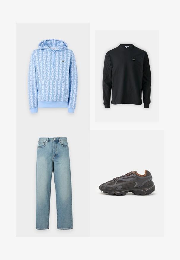 Blauer Kapuzenpullover mit geometrischem Design, Vordertasche und Kordelzugkapuze. Hergestellt aus weichem Stoff mit gerippten Bündchen und Saum.; Schwarzes Langarm-T-Shirt aus Baumwolle, mit Rundhalsausschnitt und einem kleinen grünen, gestickten Krokodil-Logo auf der linken Brust.; Hellblaue Denim-Jeans mit lockerer Passform, geraden Beinen, fünf Taschen im Design und einem Knopfverschluss an der Taille. Minimalistische Nähdetails.; Lacoste Sneaker in Dunkelgrau aus Mesh und Synthetikmaterial, mit einer strukturierten Sohle und braunen Akzenten am Kragen und Logo.