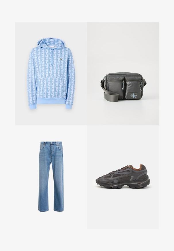 Niebieska bluza z wzorem geometrycznym, z przednią kieszenią i kapturem ze sznurkiem. Wykonana z miękkiego materiału z prążkowanymi mankietami i dołem.; Jasnoniebieskie dżinsy o prostym kroju, pięć kieszeni, zapięcie na guzik, minimalne blaknięcia i kontrastowe wykończenia szwów.; Sneakers Lacoste w ciemnoszarym kolorze, wykonane z siateczki i materiału syntetycznego, z teksturowaną podeszwą oraz brązowymi akcentami na kołnierzu i logotypie.; Szara nylonowa torba na ramię z dwoma zapinanymi na zamek przednimi kieszeniami, regulowanym paskiem i akcentem z logo. Gładka powierzchnia o nowoczesnym wzornictwie.