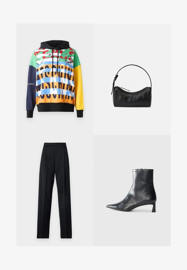 Farebná mikina s kapucňou so zmiešanými výraznými vzormi v zelenej, červenej, modrej, žltej a čiernej farbe, s kontrastným textom a grafikou.; Čierne nohavice vyrobené z hladkej látky s vysokým pásom, širokými nohavicami, prednými záhybmi a klasickými pútkami na opasok. Žiadne bočné vrecká nie sú viditeľné.; Čierne kožené členkové topánky s špicatou špičkou a elegantným dizajnom. Majú nízky podpätok a zips na zadnej strane. Hladká textúra.; Čierna kožená ramenná taška s zakriveným dizajnom, zipsovým zapínaním a štíhlym popruhom. Vyznačuje sa hladkou textúrou a jemnými detailmi šitia.