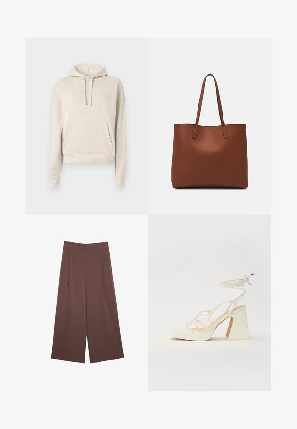 Beżowa bluza z kapturem, wykonana z miękkiego materiału, z przednią kieszenią, regulowanym kapturem na sznurki oraz ściągaczami przy mankietach i u dołu.; Brązowe spodnie o szerokich nogawkach z gładką fakturą, z wysokim stanem i plisami z przodu. Materiał jest lekki i luźno opada.; Biała sandał na wysokim obcasie z masywnym słupkiem, z paskowym wzorem i wiązaniem przy kostce. Gładka faktura z platformą z przodu dla dodatkowej wysokości.; Brązowa skórzana torba tote o gładkiej fakturze, z otwartym wierzchem i dwoma ramiączkami. Charakteryzuje się minimalnym przeszyciem i brakiem widocznych elementów metalowych.