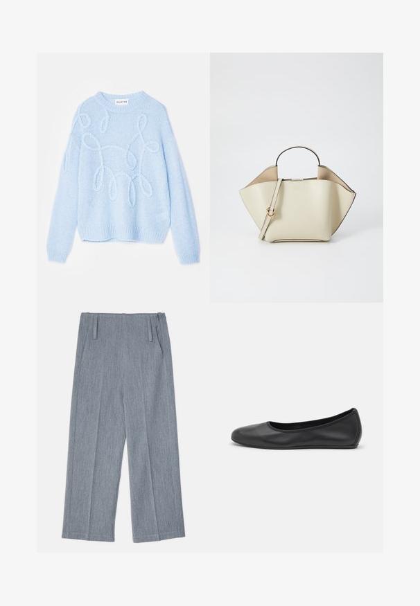 MUNTHE TAHLIS - Trui - blue; Lichtgrijze, wijde broek van textuurstof, voorzien van twee voorplooien en twee zijzakken. Strak, op maat gemaakt ontwerp.; Zwarte leren ballerina met een ronde neus, gladde textuur, minimale stikdetails en een flexibele zoolontwerp.; Ree Projects ANN - Handtas - beige