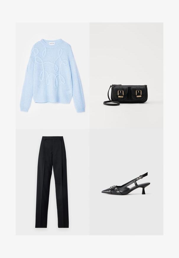 MUNTHE TAHLIS - Jumper - blue; Black trousers made from smooth fabric featuring a high waist, wide legs, front pleats, and classic belt loops. No side pockets visible.; Black leather slingback shoe with a pointed toe, decorative straps featuring metal eyelets, and a low block heel. Textured surface.; Black leather crossbody bag with two front pockets, gold buckles, zipper closure, and a slim strap. Textured surface and compact rectangular shape.