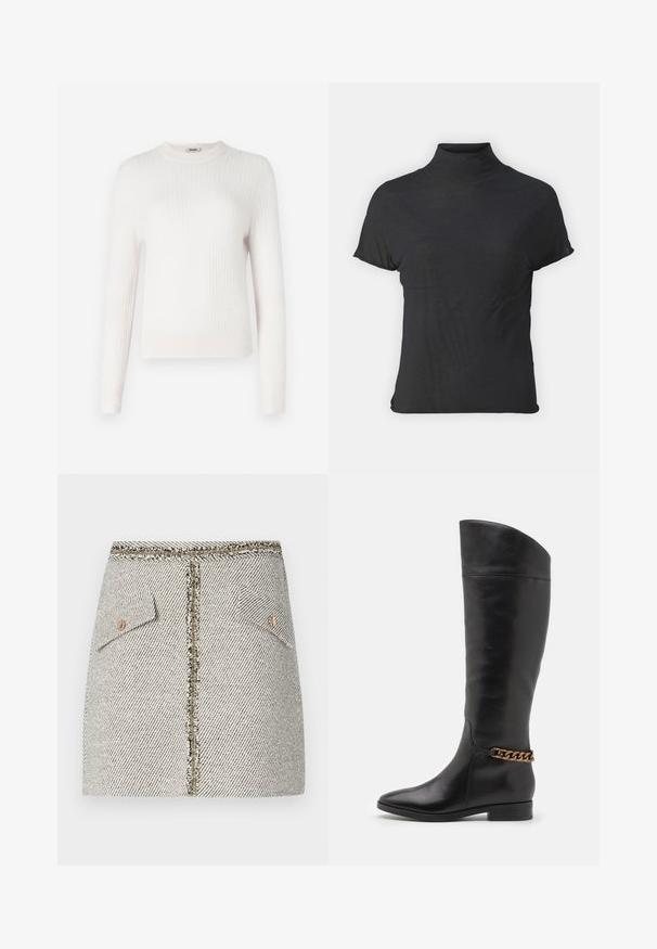 Pulover din tricot cu o culoare crem deschis, cu nervuri, cu mâneci lungi și guler rotund. Textură moale și design ajustat, cu manșete și tiv contrastante.; Top negru cu mânecă scurtă, tip turtleneck, realizat dintr-un material ușor, cu o textură fină și o formă ajustată, având un gât înalt.; Fustă din tweed țesută, albă cu motive piersici în alb și negru, are două buzunare frontale și un fermoar aurit la spate cu margini desfăcute.; Cizme negre din piele înalte, cu un design elegant, vârf ascuțit și un accent de lanț auriu la gleznă. Toc mic în formă de bloc. Textură netedă.