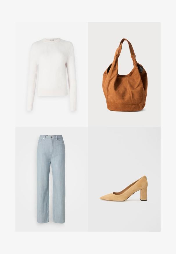 Suéter de malha canelada em creme claro, com mangas longas e decote redondo. Textura macia e design ajustado, com punhos e barra em contraste.; Calças de ganga azul-claro de perna reta. Apresentam cinco bolsos, fecho com botão metálico e um leve efeito de desgaste para adicionar textura.; Salto alto de camurça bege com bico fino e salto bloco grosso. O material tem uma textura suave com um acabamento liso.; Bolsa de ombro em camurça castanha com uma textura suave, forma curva e duas alças. Apresenta um design minimalista, sem hardware ou detalhes visíveis.