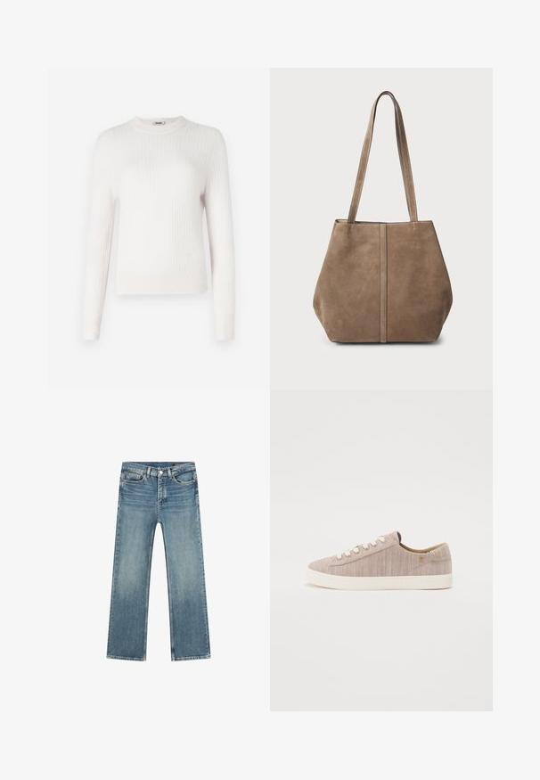 Světlý krémový žebrovaný pletený svetr s dlouhými rukávy a kulatým výstřihem. Měkká textura a přiléhavý střih s kontrastními manžetami a lemem.; Světle modré džíny z denimu se rovnoměrným střihem, designem s pěti kapsami a kontrastním šitím. Obsahují zip a kovové zapínání na knoflík.; Světle béžové plátěné tenisky s texturovaným povrchem, kulatou špičkou, bílými očky a krémovou gumovou podrážkou. Minimalistický design s jemnými akcenty.; Hnědá semišová taška přes rameno s dvěma dlouhými uchy, vertikálním švem na přední straně a měkkou texturou. Prostorný design vhodný pro každodenní použití.