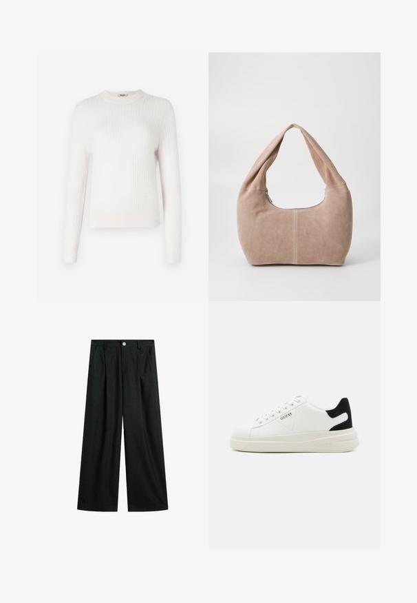 Jasna kremowa sweter w prążki z długimi rękawami i okrągłym dekoltem. Miękka faktura i dopasowany krój z kontrastowymi mankietami i dołem.; Czarne spodnie o szerokich nogawkach z delikatnymi prążkami, z przodu zapinane na guziki, z paskiem i kieszeniami bocznymi, ułożone płasko na białym tle.; Białe skórzane sneakersy z grubą białą podeszwą, czarnym zamszowym akcentem na pięcie oraz wytłoczonym logotypem z boku. Projekt z sznurówkami i sześcioma dziurkami.; Torebka typu hobo wykonana z miękkiego, zamszowego materiału w jasnym beżowym kolorze. Charakteryzuje się zaokrąglonym kształtem, szerokim paskiem oraz zapięciem na zamek.; Srebrne kolczyki na biglu o gładkim, błyszczącym wykończeniu. O zaokrąglonym kształcie, lekkim designie, z zamknięciem na zatrzask.