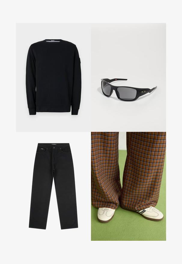 Felpa nera con scollo rotondo e maniche lunghe. Realizzata in tessuto morbido con polsini e orlo a coste, presenta dettagli di design minimalisti.; Jeans neri a gamba dritta con bottone e zip anteriori, passanti per cintura e design a cinque tasche, posti flat su uno sfondo bianco.; Pantaloni a pieghe larghi a quadri marroni e blu abbinati a scarpe bianche con dettagli neri e suole testurizzate, posizionati su uno sfondo verde.; Occhiali da sole neri con forma rettangolare, realizzati in plastica resistente, con lenti grigio scure e un accento dorato sul lato.
