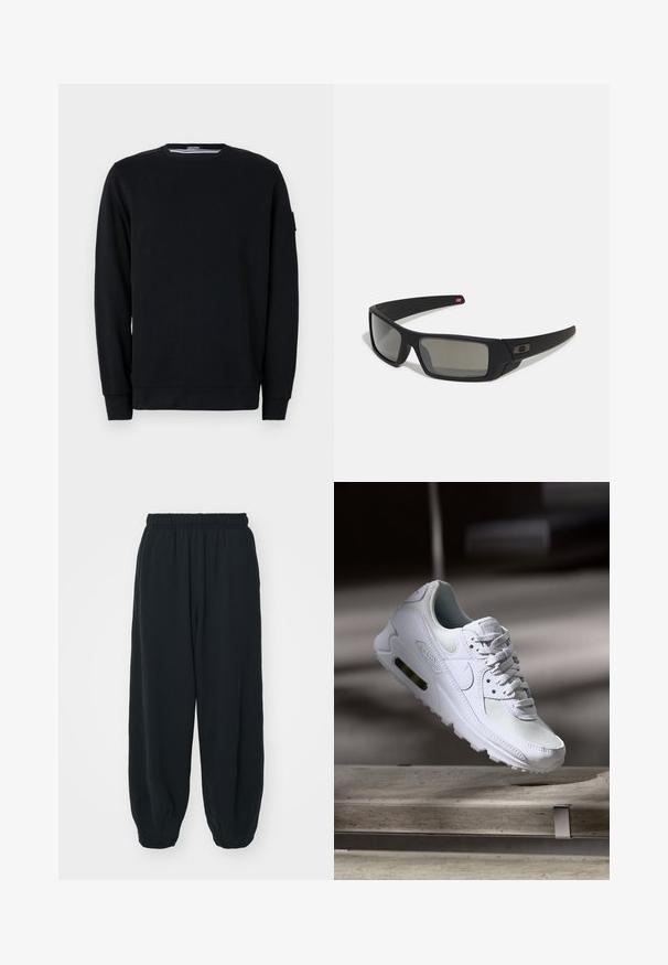 Melna sporta krekls ar apaļu kakla izgriezumu un garām piedurknēm. Izgatavots no mīksta auduma ar ribotām apkaklītēm un apakšmalu, ar minimālistisku dizaina pieeju.; Melnas sporta bikses ar elastīgu jostasvietu, brīvu piegriezumu, aprocēm ap potītēm, gludu tekstūru, un bez redzamām rakstu vai aparatūras akcentiem.; Baltas Nike Air Max 90 sporta apavi ar sietu un ādas augšdaļu, caurspīdīgu pirksta daļu un redzamu gaisa vienību papēdī.; Melni saulesbrilles ar matētu apdari, taisnstūra lēcām, nedaudz izliektiem tempļiem, smalkiem logotipa elementiem un dūmu nokrāsas lēcām.