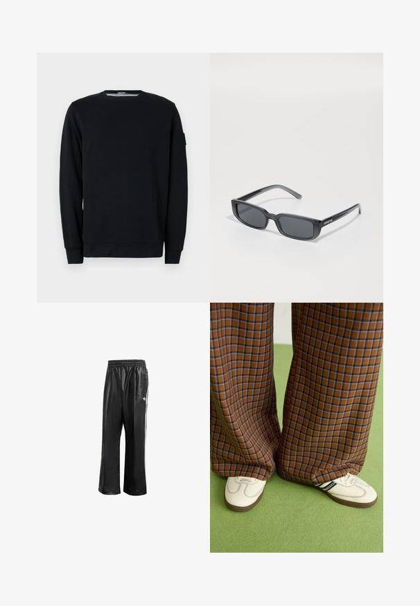 Fekete pulóver kerek nyakkivágással és hosszú ujjakkal. Puha anyagból készült, bordázott mandzsettákkal és aljjal, minimalista dizájn részletekkel.; Fekete szintetikus tréningnadrág elasztikus derékkal, fehér oldalcsíkokkal és egy kis fehér logóval a bal csípőn.; Barna és kék kockás, bőrt lábú nadrág, fehér cipővel, fekete részletekkel és texturált talppal, zöld háttér előtt.; Fekete, téglalap alakú napszemüveg vastag műanyag kerettel és sötét lencsékkel. Az oldalán a "ARNETTE" márkanevével, letisztult formatervezéssel és fényes felülettel rendelkezik.