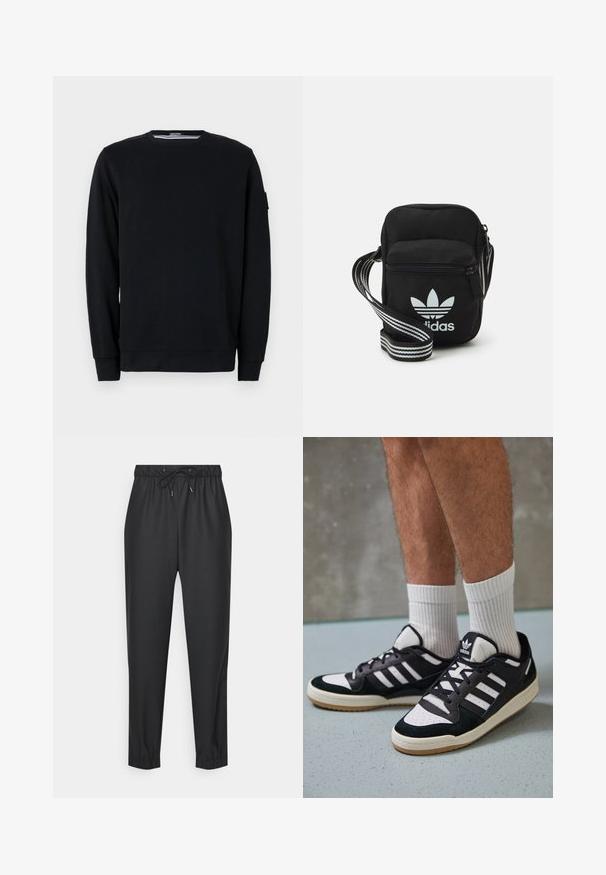Sweatshirt preto com decote redondo e mangas longas. Feito em tecido macio com punhos e barra canelados, apresentando detalhes de design minimalistas.; Calças de jogging pretas feitas de um material macio e elástico. Apresentam uma cintura elástica com cordão, pernas ajustadas e punhos nos tornozelos.; Ténis em preto e branco com upper em camurça e couro, apresentando três riscas brancas, um toe perfurado e uma sola em borracha de goma.; Sacolinha transversal de tecido preto com fecho de zíper, apresentando um logo da Adidas em branco e uma alça ajustável listrada para facilitar o transporte.