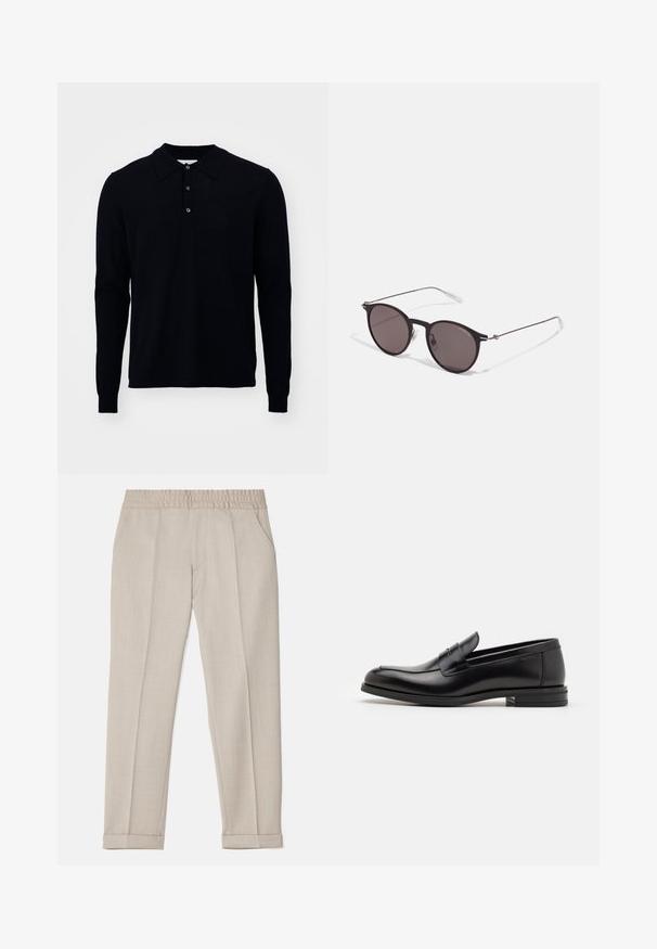 Long-sleeve polo shirt in dark navy, made from fine knit fabric. Features a collar, three-button placket, and ribbed cuffs.; Filippa K TERRY CROPPED TROUSERS - Trousers - sage melange; Black leather loafers with a smooth texture, rounded toe, and a decorative strap across the vamp. Low stacked heel, minimalist design.; Black round sunglasses with dark lenses and slim metal arms. Includes clear temple tips and silver accents at the hinge. Minimalist design.