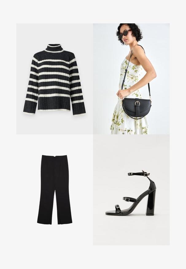 Sweter z golfem w czarno-białe paski o luźnym kroju, prążkowanej fakturze i długich rękawach. Posiada wysoki kołnierz i poziome paski.; Czarne spodnie o prostym kroju, z przednimi kieszeniami i bocznymi rozcięciami na dole. Wykonane z miękkiego, gładkiego materiału. Odpowiednie na różne okazje.; Czarne lakierowane sandały na wysokim obcasie, z dwoma paskami zapinanymi na klamry, kwadratowy nosek i masywny obcas typu słupek, o gładkiej, błyszczącej fakturze.; Czarna skórzana torebka o zakrzywionym kształcie, z odpinanym paskiem i złotymi akcentami. Torebka posiada klapę z zapięciem w kształcie klamry.