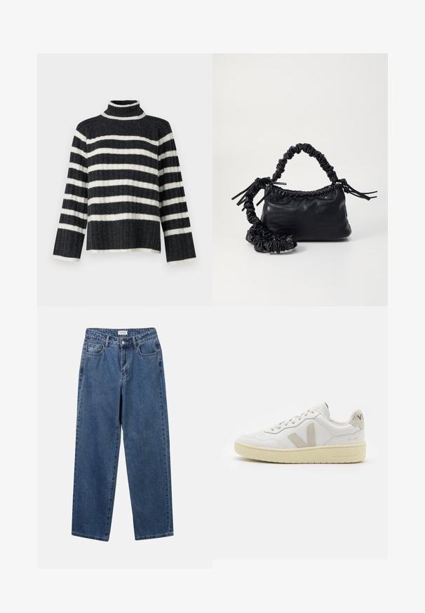 Sweater de gola alta em preto e branco com riscas, de ajuste solto, textura canelada e mangas longas. Apresenta um colarinho alto e riscas horizontais.; Jeans de denim azul clássicos com um design de perna reta, cinco bolsos e fecho de botão. Apresenta um tratamento médio e uma textura resistente.; Sapatilha de couro branca com detalhes em camurça bege, biqueira perfurada, atacadores planos e sola texturizada creme. Apresenta uma marcação subtil no calcanhar.; Bolsa de mão em couro sintético preto com textura de crocodilo, topo franzido e alça enrugada. Apresenta um design suave e compacto.